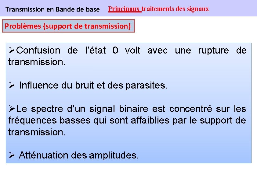 Transmission en Bande de base Principaux traitements des signaux Problèmes (support de transmission) ØConfusion