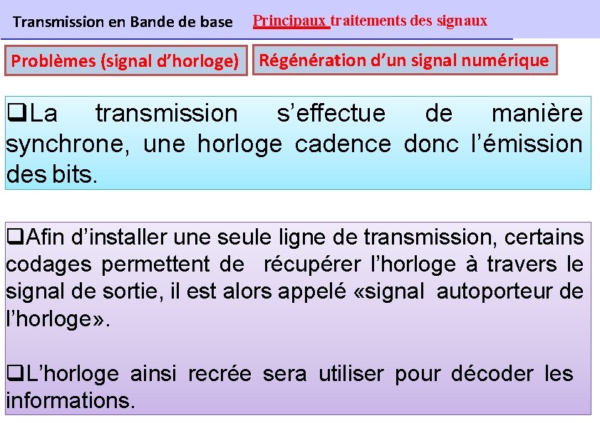 Transmission en Bande de base Problèmes (signal d’horloge) Principaux traitements des signaux Régénération d’un