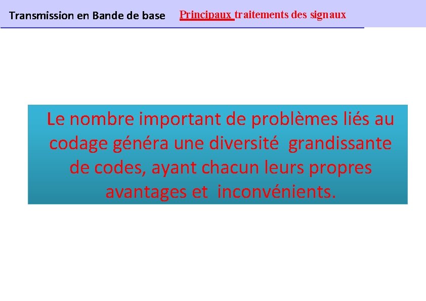 Transmission en Bande de base Principaux traitements des signaux Le nombre important de problèmes