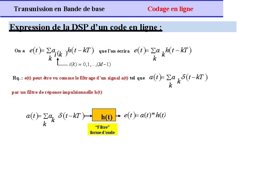 Transmission en Bande de base Codage en ligne Expression de la DSP d’un code