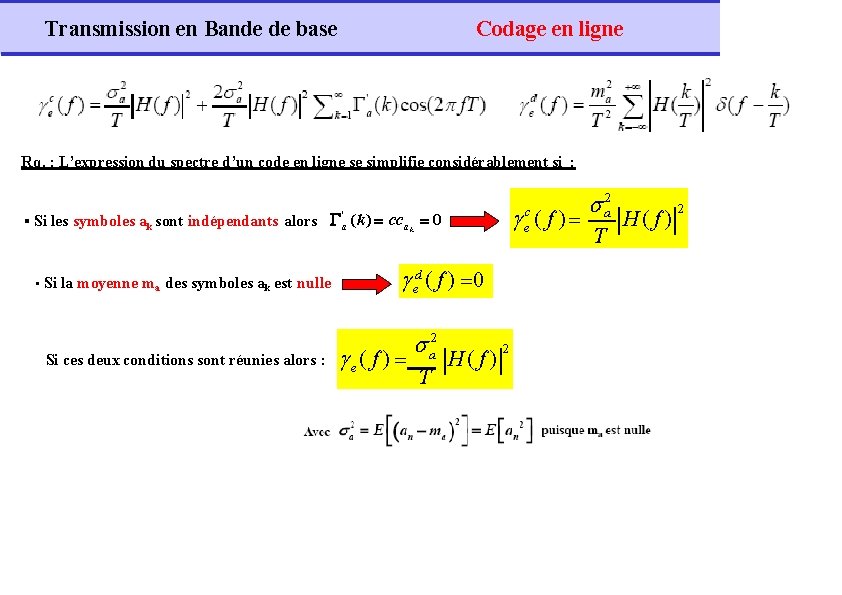 Transmission en Bande de base Codage en ligne Rq. : L’expression du spectre d’un
