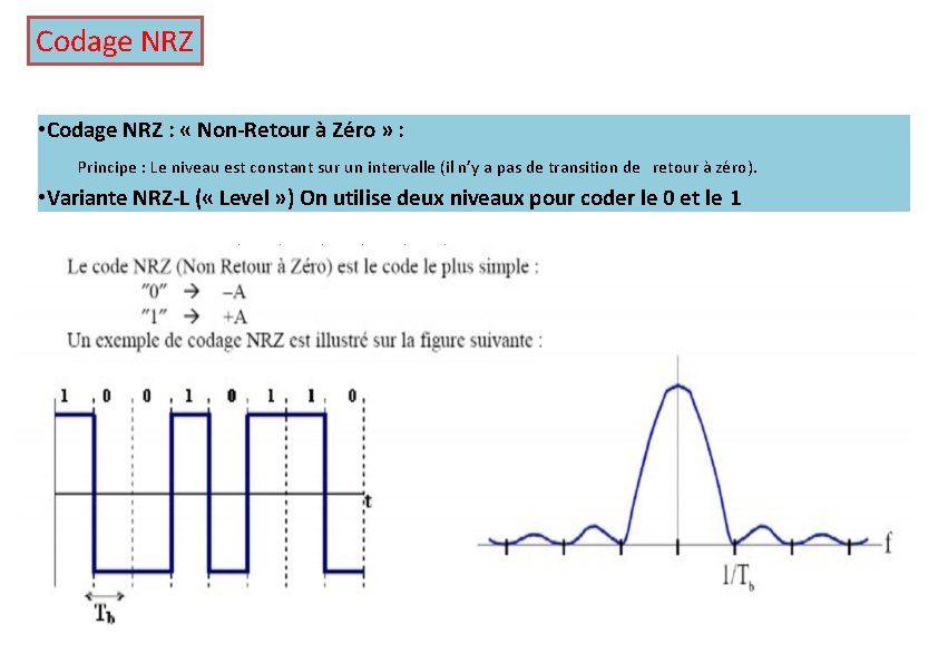 Codage NRZ • Codage NRZ : « Non-Retour à Zéro » : Principe :