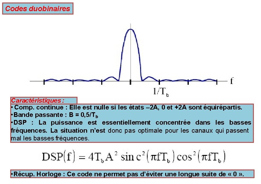 Codes duobinaires Caractéristiques : • Comp. continue : Elle est nulle si les états