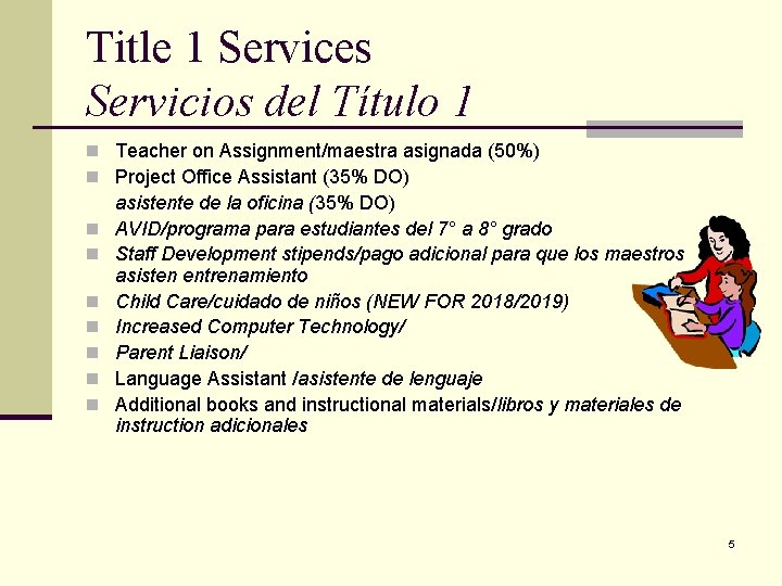 Title 1 Services Servicios del Título 1 n Teacher on Assignment/maestra asignada (50%) n