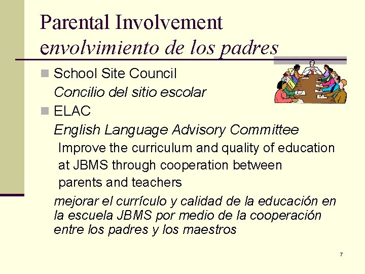 Parental Involvement envolvimiento de los padres n School Site Council Concilio del sitio escolar