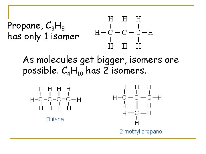 Propane, C 3 H 8 has only 1 isomer As molecules get bigger, isomers