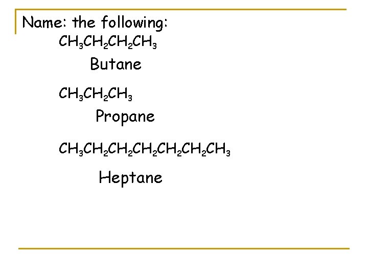 Name: the following: CH 3 CH 2 CH 3 Butane CH 3 CH 2