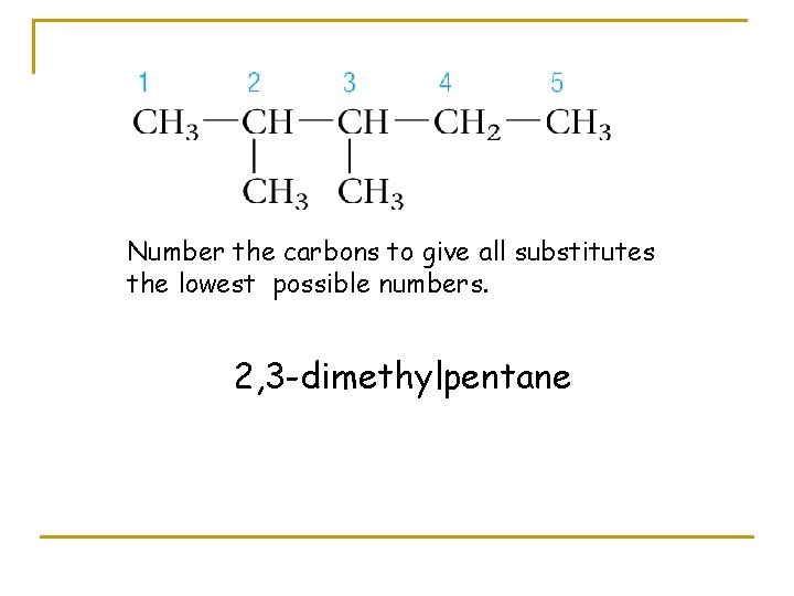 Number the carbons to give all substitutes the lowest possible numbers. 2, 3 -dimethylpentane