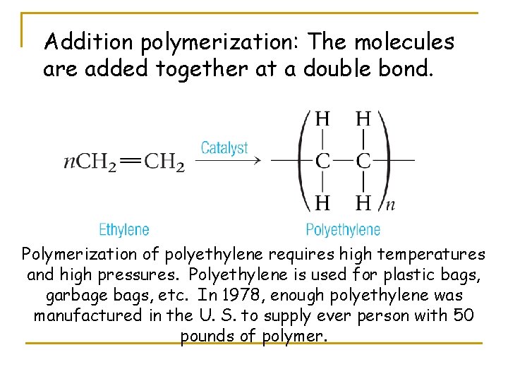 Addition polymerization: The molecules are added together at a double bond. Polymerization of polyethylene