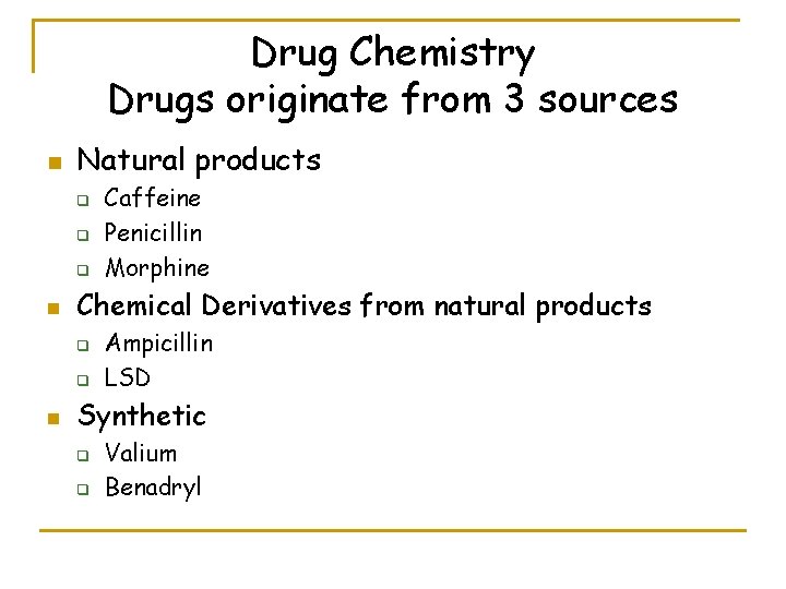 Drug Chemistry Drugs originate from 3 sources n Natural products q q q n