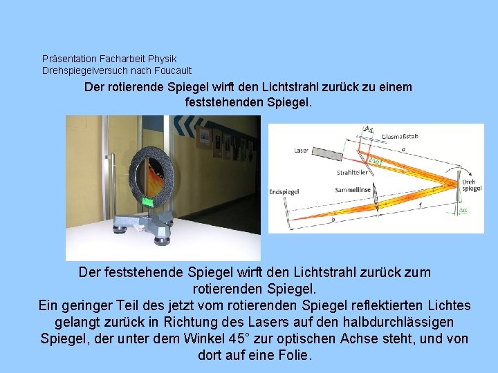 Präsentation Facharbeit Physik Drehspiegelversuch nach Foucault Der rotierende Spiegel wirft den Lichtstrahl zurück zu