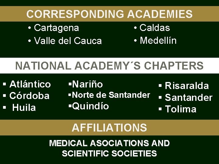 CORRESPONDING ACADEMIES • Cartagena • Valle del Cauca • Caldas • Medellín NATIONAL ACADEMY´S