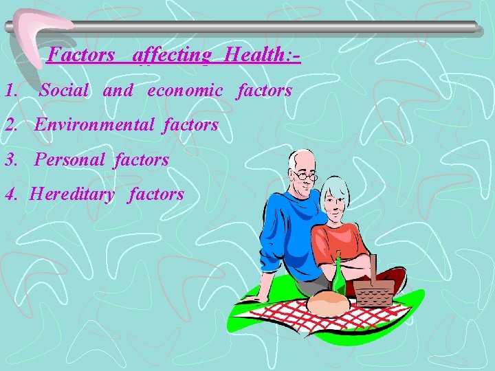 Factors affecting Health: 1. Social and economic factors 2. Environmental factors 3. Personal factors