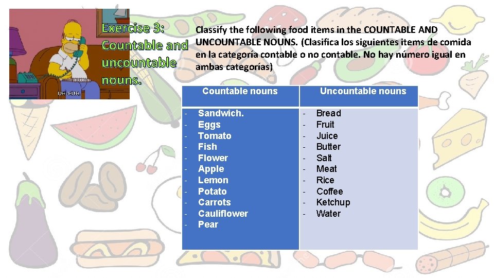 Exercise 3: Countable and uncountable nouns. Classify the following food items in the COUNTABLE