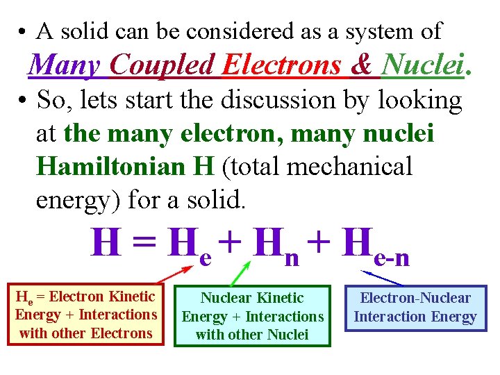  • A solid can be considered as a system of Many Coupled Electrons