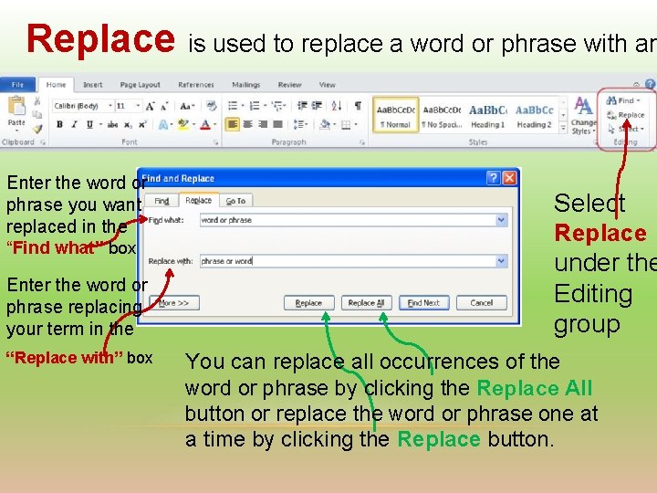 Replace is used to replace a word or phrase with an Enter the word