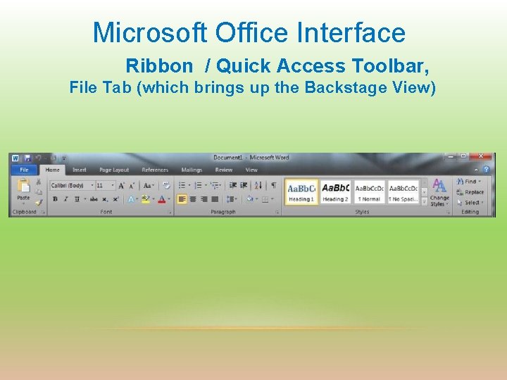 Microsoft Office Interface Ribbon / Quick Access Toolbar, File Tab (which brings up the
