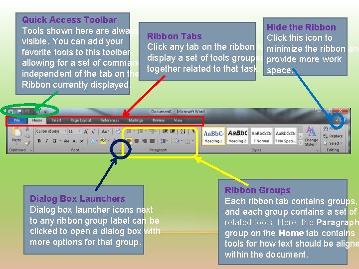 Quick Access Toolbar Hide the Ribbon Tools shown here always Ribbon Tabs Click this