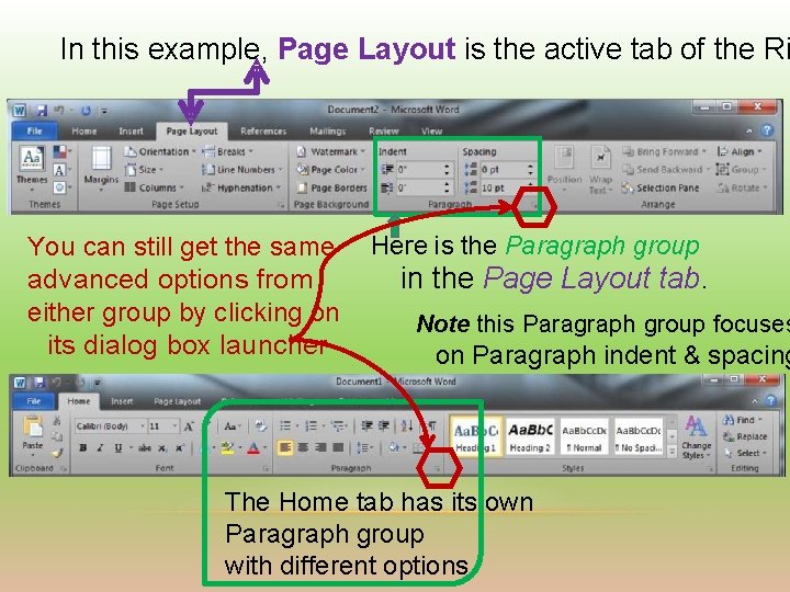 In this example, Page Layout is the active tab of the Ri You can