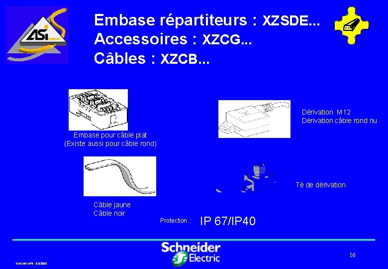 Embase répartiteurs : XZSDE. . . Accessoires : XZCG. . . Câbles : XZCB.