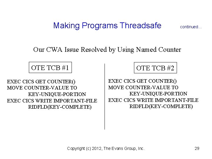 Making Programs Threadsafe continued. . . Our CWA Issue Resolved by Using Named Counter