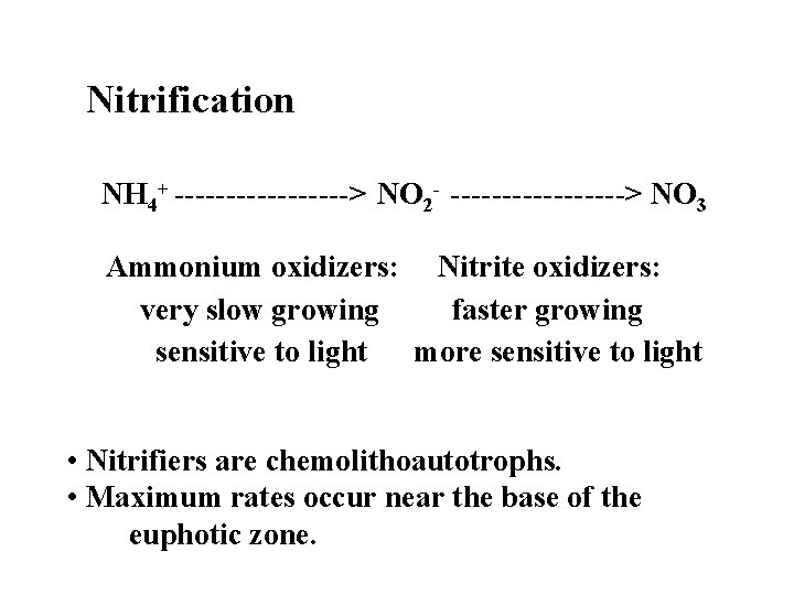 Nitrification NH 4+ ---------> NO 2 - ---------> NO 3 Ammonium oxidizers: Nitrite oxidizers: