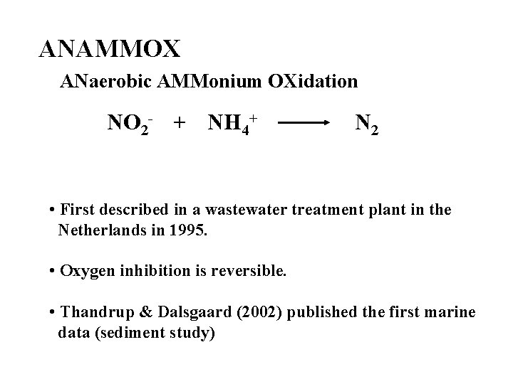 ANAMMOX ANaerobic AMMonium OXidation NO 2 - + NH 4+ N 2 • First