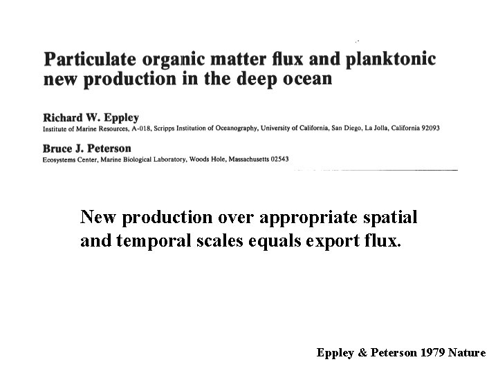 New production over appropriate spatial and temporal scales equals export flux. Eppley & Peterson