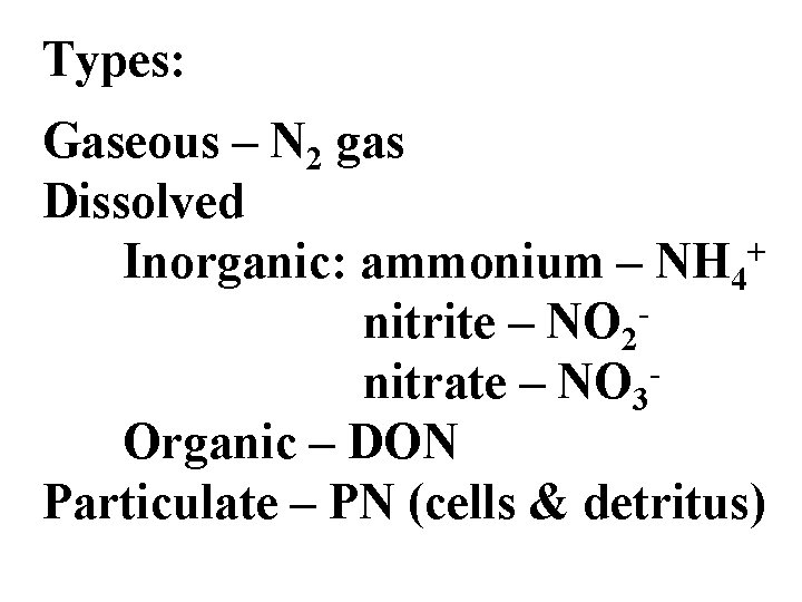 Types: Gaseous – N 2 gas Dissolved + Inorganic: ammonium – NH 4 nitrite