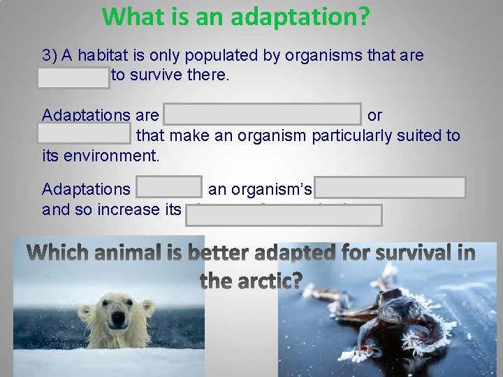 What is an adaptation? 3) A habitat is only populated by organisms that are
