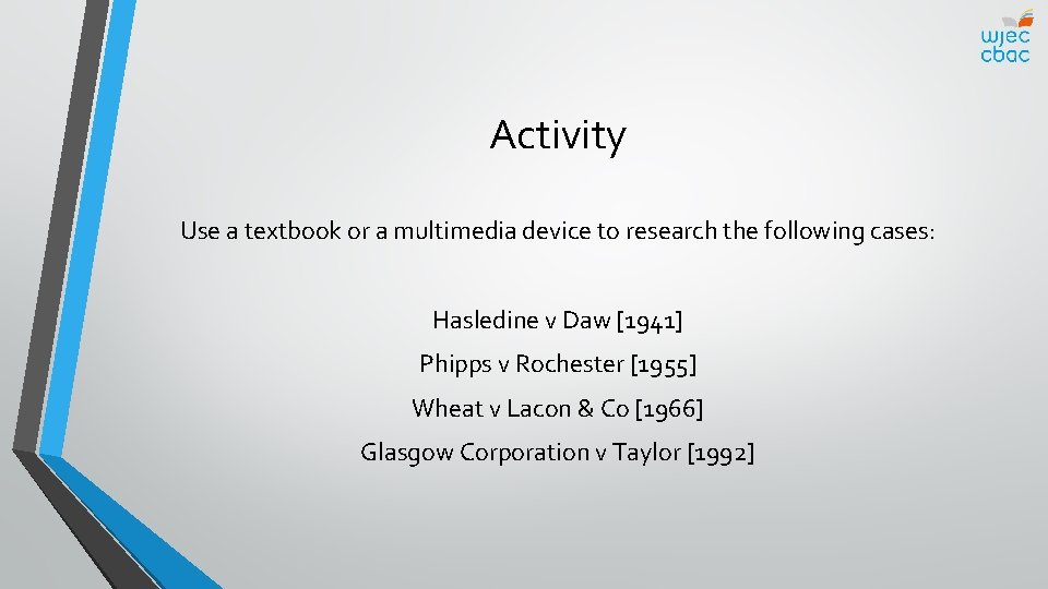 Activity Use a textbook or a multimedia device to research the following cases: Hasledine