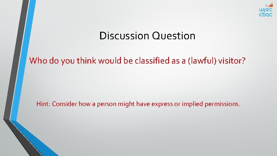 Discussion Question Who do you think would be classified as a (lawful) visitor? Hint: