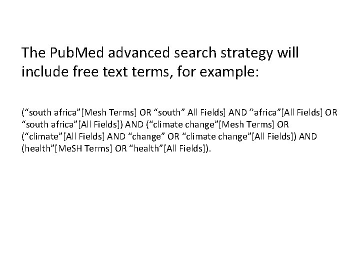 The Pub. Med advanced search strategy will include free text terms, for example: (“south
