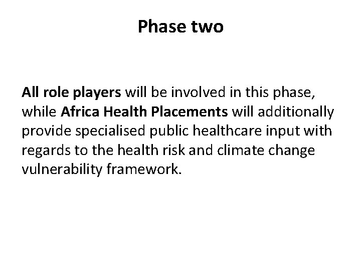 Phase two All role players will be involved in this phase, while Africa Health