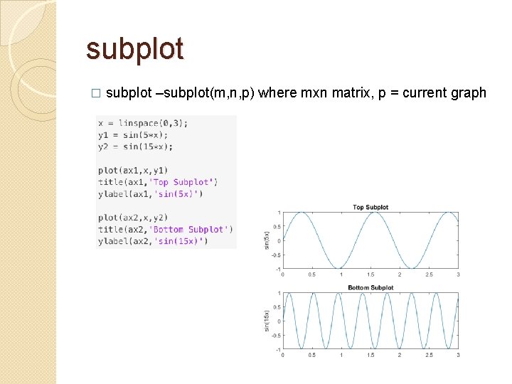 subplot � subplot –subplot(m, n, p) where mxn matrix, p = current graph 