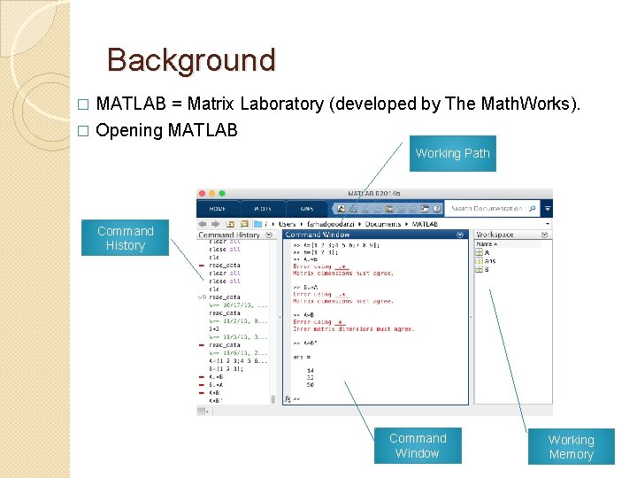 Background MATLAB = Matrix Laboratory (developed by The Math. Works). � Opening MATLAB �