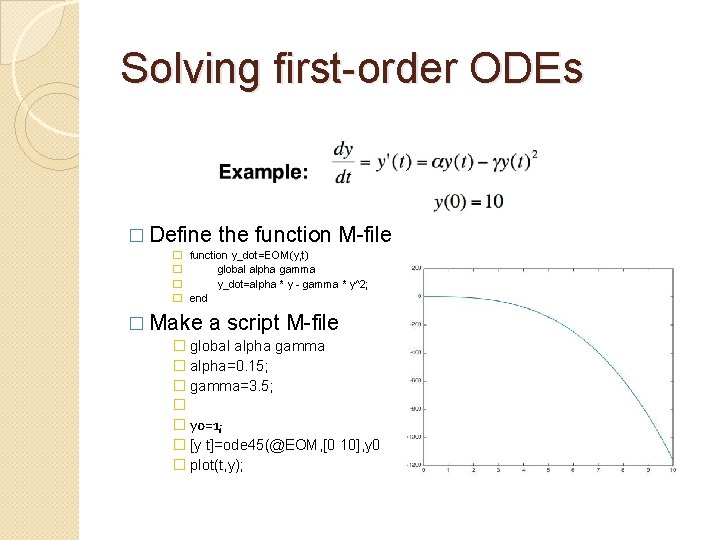 Solving first-order ODEs � Define the function M-file � function y_dot=EOM(y, t) � global