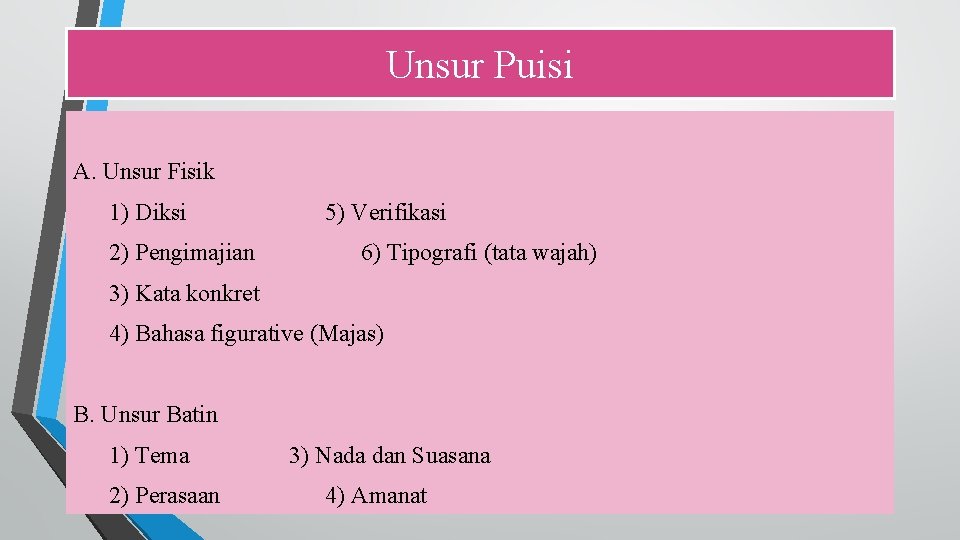 Unsur Puisi A. Unsur Fisik 1) Diksi 2) Pengimajian 5) Verifikasi 6) Tipografi (tata