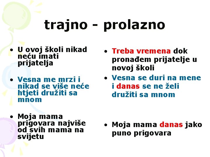 trajno - prolazno • U ovoj školi nikad neću imati prijatelja • Vesna me