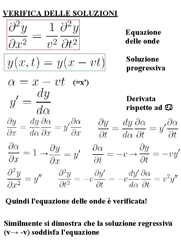 VERIFICA DELLE SOLUZIONI Equazione delle onde Soluzione progressiva (=x') Derivata rispetto ad a →