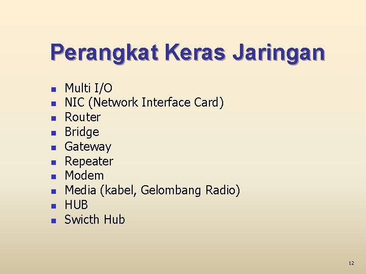 Perangkat Keras Jaringan n n Multi I/O NIC (Network Interface Card) Router Bridge Gateway