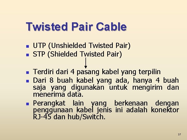 Twisted Pair Cable n n n UTP (Unshielded Twisted Pair) STP (Shielded Twisted Pair)