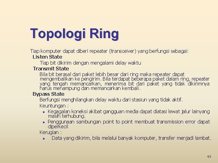 Topologi Ring Tiap komputer dapat diberi repeater (transceiver) yang berfungsi sebagai: Listen State Tiap