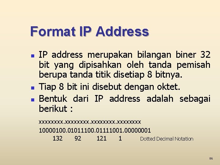 Format IP Address n n n IP address merupakan bilangan biner 32 bit yang