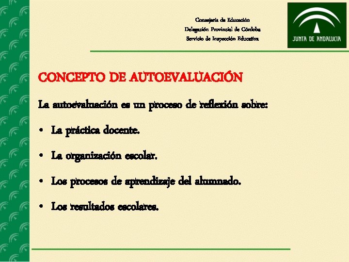 Consejería de Educación Delegación Provincial de Córdoba Servicio de Inspección Educativa CONCEPTO DE AUTOEVALUACIÓN