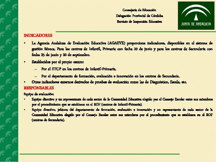 Consejería de Educación Delegación Provincial de Córdoba Servicio de Inspección Educativa INDICADORES • •