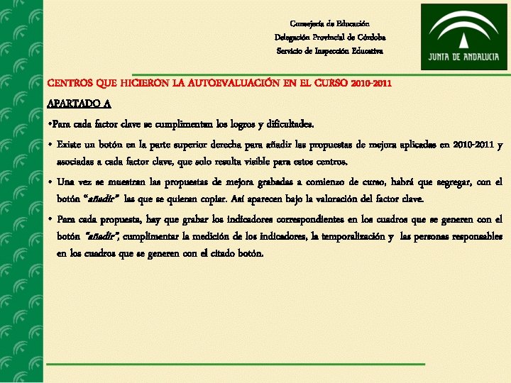 Consejería de Educación Delegación Provincial de Córdoba Servicio de Inspección Educativa CENTROS QUE HICIERON