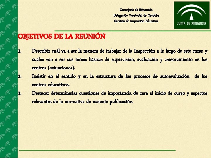 Consejería de Educación Delegación Provincial de Córdoba Servicio de Inspección Educativa OBJETIVOS DE LA