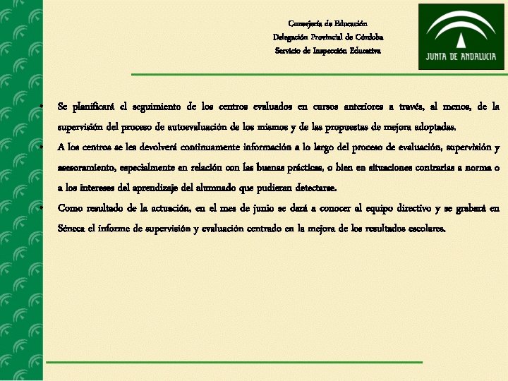 Consejería de Educación Delegación Provincial de Córdoba Servicio de Inspección Educativa • Se planificará