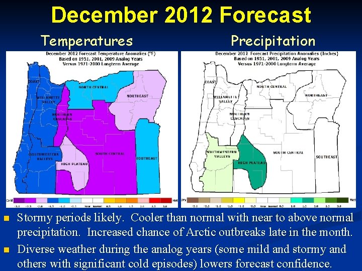 December 2012 Forecast Temperatures n n Precipitation Stormy periods likely. Cooler than normal with